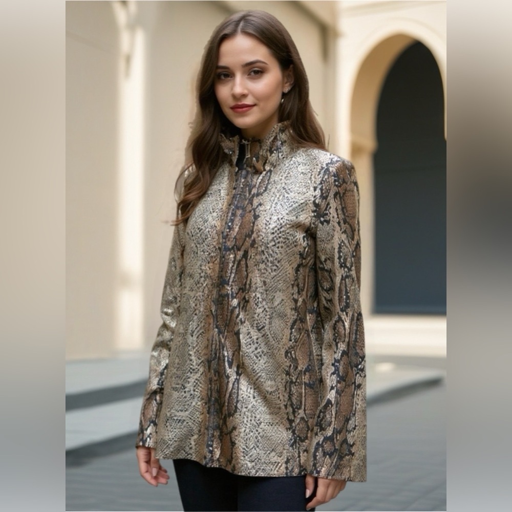 Vintage Lisa International Animal Print Long Sleeve Zip Up Blouse